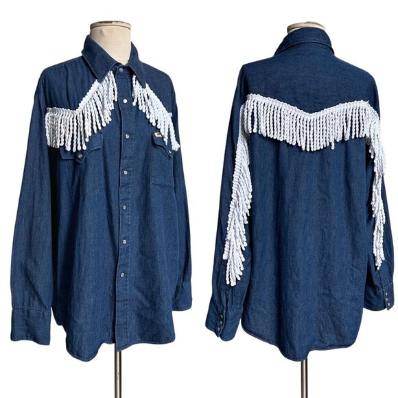 70s vintage fringe denim shirt pointed collar Bar B Western Wear snap button. - Picture 8 of 11